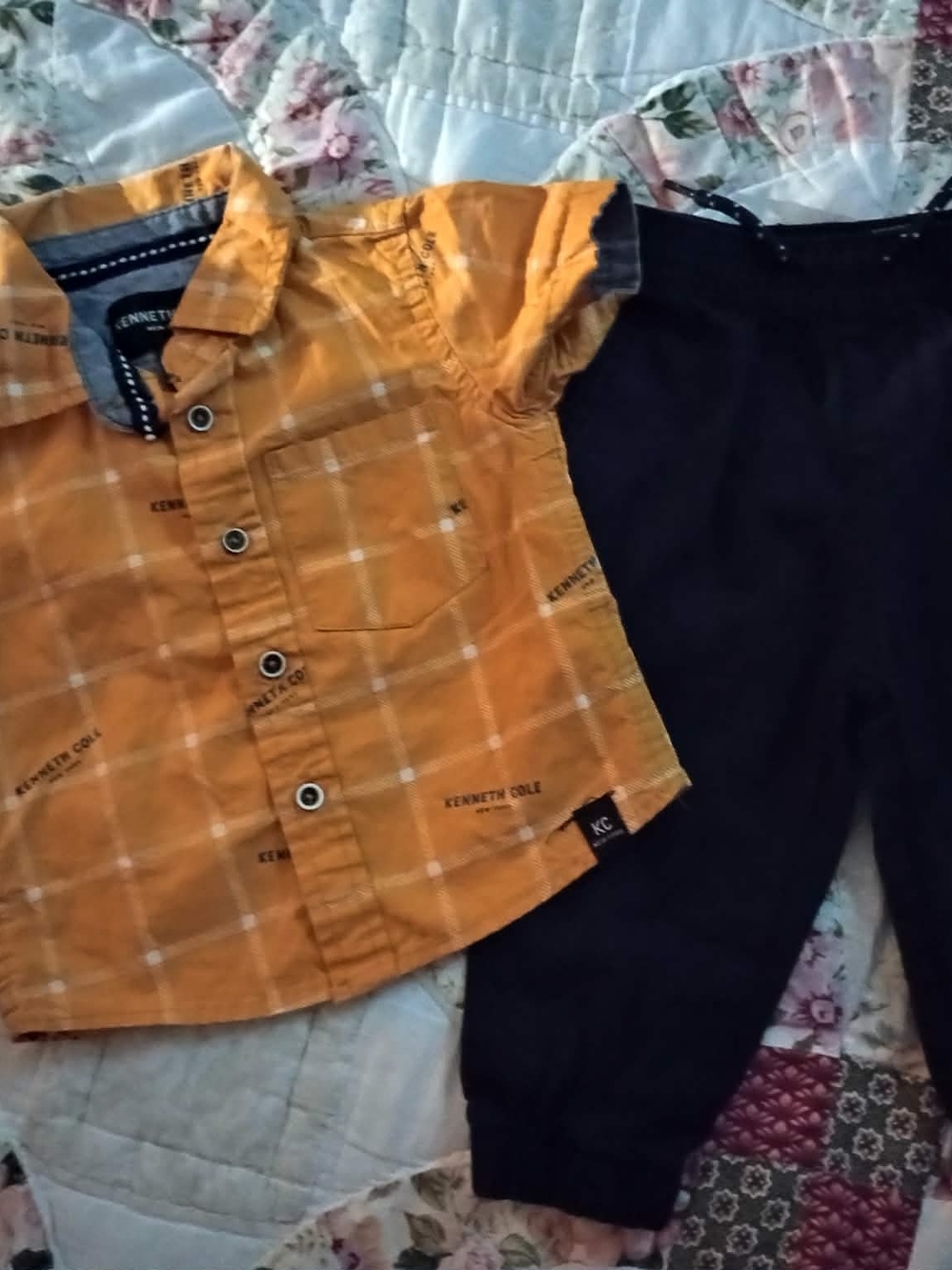Kenneth Cole Orange Plaid Short-Sleeve Shirt with Black Pants Set